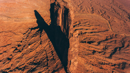 Aerial view of beautiful Monument Valley scenery landscape next to high cliff. Bird's eye view of dry Navajo desert as famous united states landmark in Utah Arizona border