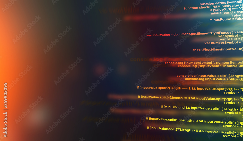 Poster Illustration with program source code on dark gradient background, free space
