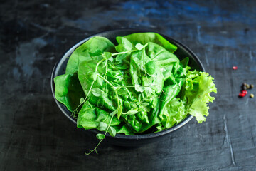 green salad spinach, arugula, lettuce, microgreen Menu serving size. food background top view copy space for text organic 