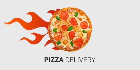 Hot burning pizza for express delivery against light background, creative collage
