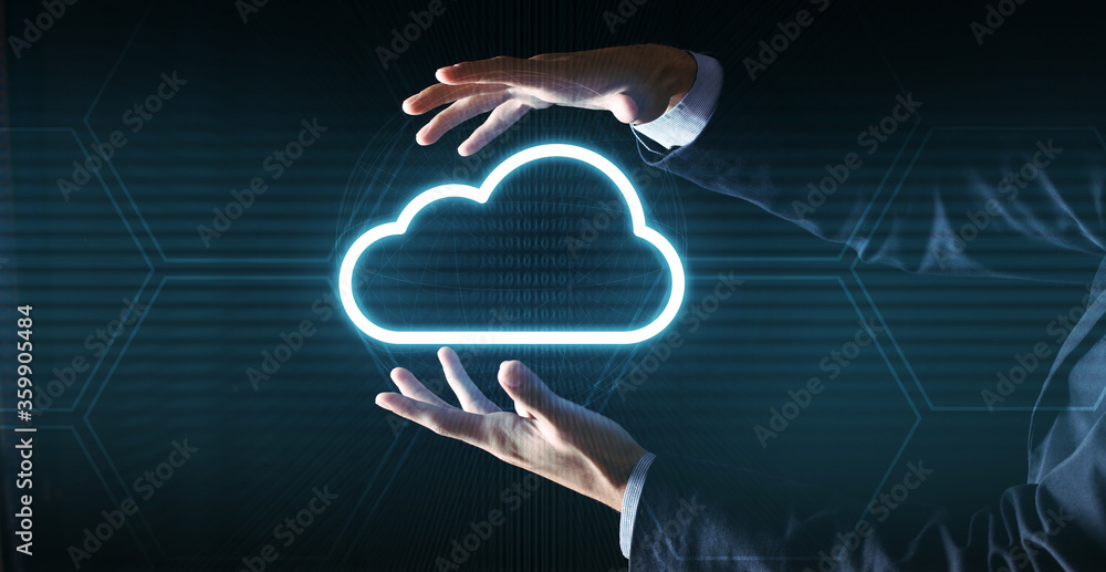Poster cloud computing concept. unrecognizable businessman in suit holding cloud icon projection