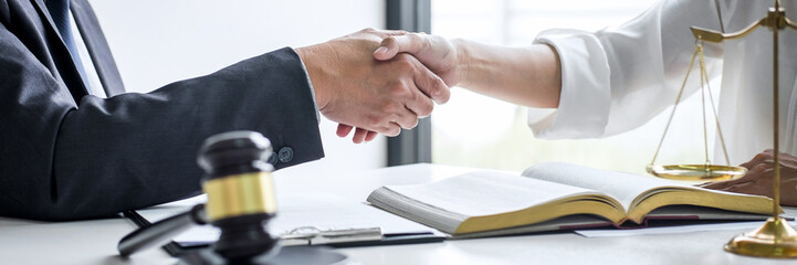Obraz na płótnie Canvas Male lawyer and business woman customer shaking hands after good deal agree