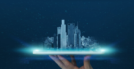 Hand holding digital tablet with urban cityscape hologram over screen