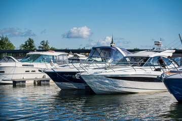 Fototapeta premium Yachts moored in the port of Mikołajki in Masuria