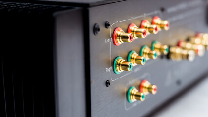 Close up on the connection terminals in Hi Fi amplifiers