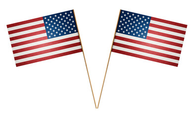Two paper American flag on wooden stick isolated on white background, including clipping path