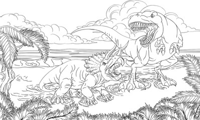 A dinosaur T Rex tyrannosaurus and triceratops black and white outline cartoon scene like a kids coloring book page