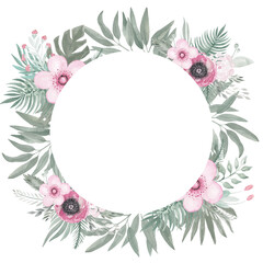 Fototapeta na wymiar Watercolor Botanical wreath of faded foliage branches of dried flowers Hand painted tropical wedding floral frame