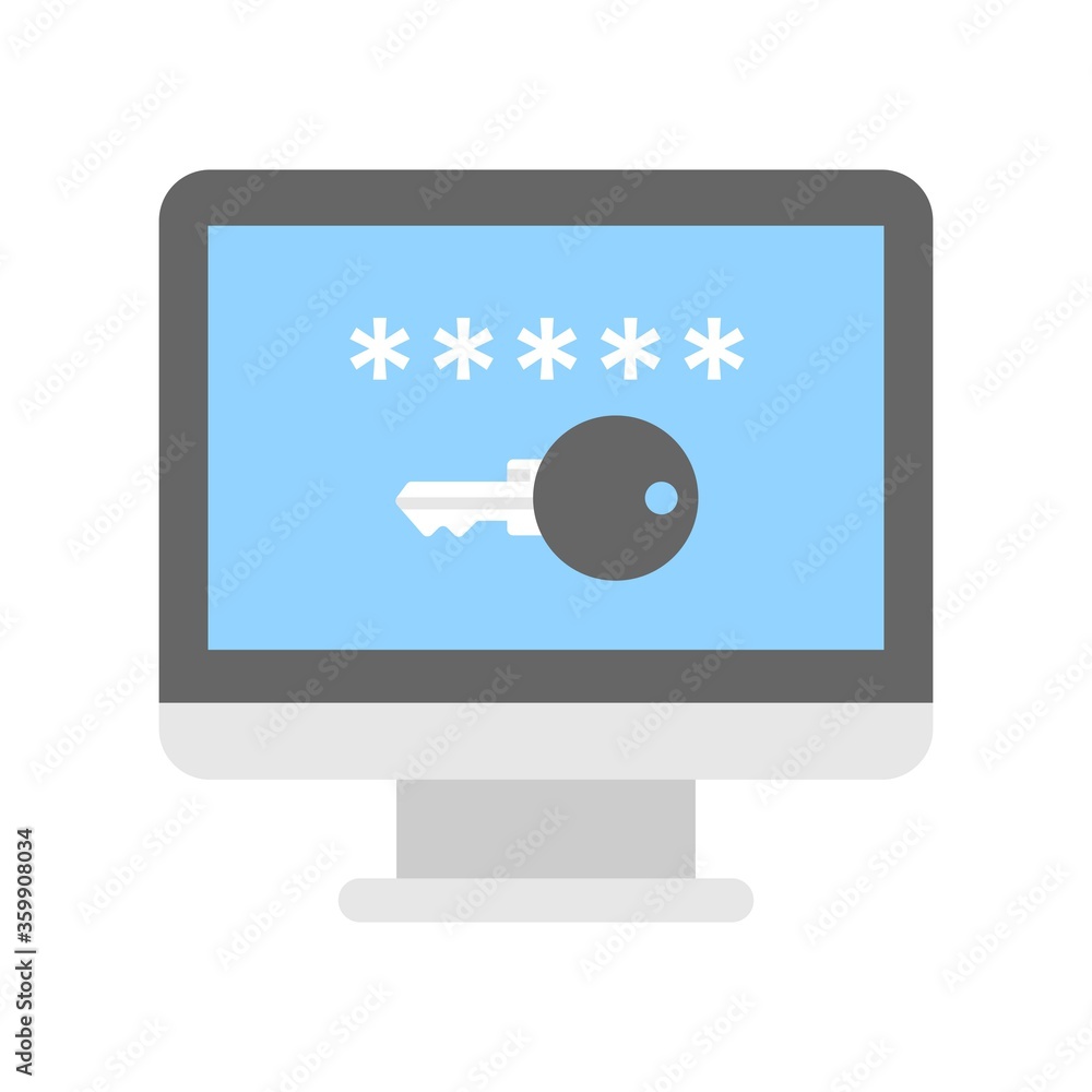 Poster laptop with password protection sign. flat computer security icon.