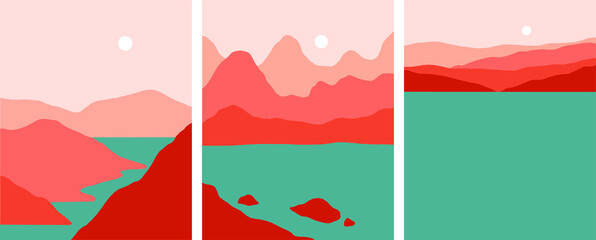 minimalist landscape sunset set vector illustrations 
