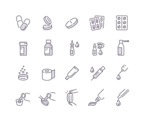 Different Pills, Tablets, Bottles and other Pharmacy Stuff Symbols. Nose Drops,  Throat Spray and Ointment Tube Signs. Medical Concept. Flat Line Vector Illustration and Icons set.
