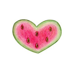 Watermelon slice in shape of heart isolated on white background. Watercolor hand drawn illustration in cartoon realistic style. Hello summer concept, ripe fresh fruit with seeds, love, gift, party.