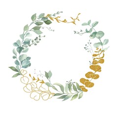 Watercolor hand painted frame with green and gold leaves.Watercolor floral illustration with branches -  for wedding invite, stationary, greetings, wallpapers, background.