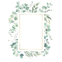 Watercolor hand painted frame with green and gold leaves.Watercolor floral illustration with branches -  for wedding invite, stationary, greetings, wallpapers, background. © Olesya Frolova