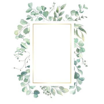 Watercolor hand painted frame with green and gold leaves.Watercolor floral illustration with branches -  for wedding invite, stationary, greetings, wallpapers, background.