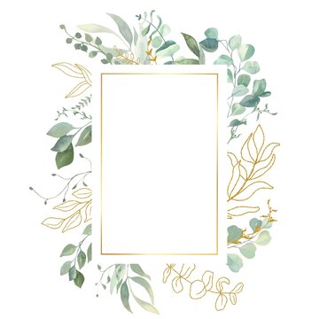 Watercolor hand painted frame with green and gold leaves.Watercolor floral illustration with branches -  for wedding invite, stationary, greetings, wallpapers, background.