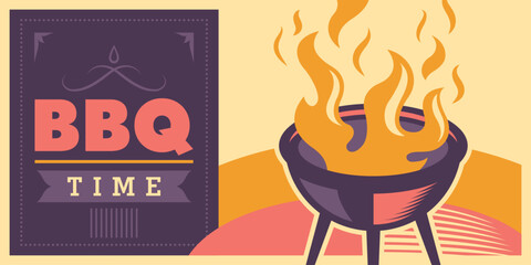 Barbecue time banner design in retro style. Vector illustration.