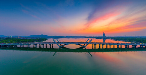 Dusk scenery of Li Lake bridge, Wuxi City, Jiangsu Province, China