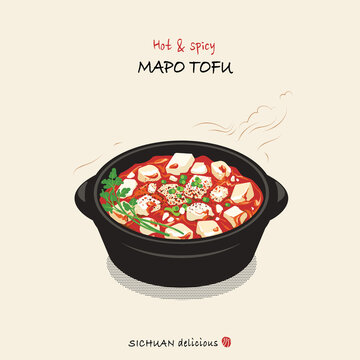 Hand Drawn Mapo Tofu Illustration, The Most Popular Chinese Spicy Dish From Sichuan. Clear And High Contrast Color Of Spicy Food Illustration. Isolated Mapo Tofu Delicious In A Black Pot.