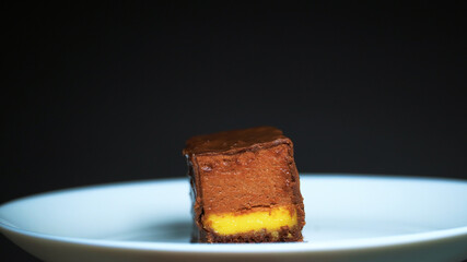 Chocolate cake on a white plate