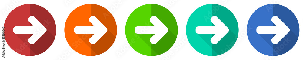 Leinwandbilder Right arrow vector icons, set of flat design colorful web buttons in eps 10
