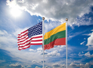 Realistic 3D Illustration. USA and Lithuania. Waving flags of America and Lithuania.