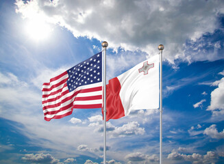 Realistic 3D Illustration. USA and Malta. Waving flags of America and Malta.