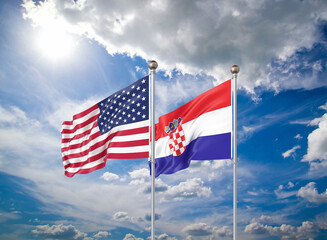 Realistic 3D Illustration. USA and Croatia. Waving flags of America and Croatia.