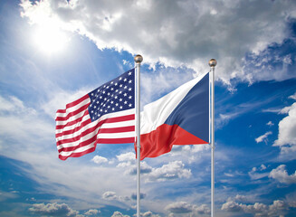 Realistic 3D Illustration. USA and Czech Republic. Waving flags of America and Czech Republic.