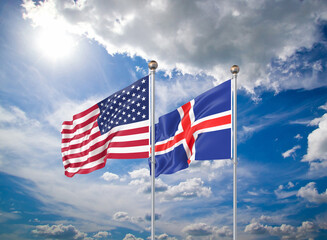 Realistic 3D Illustration. USA and Iceland. Waving flags of America and Iceland.