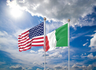 Realistic 3D Illustration. USA and Italy. Waving flags of America and Italy.