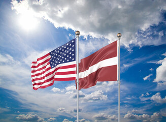 Realistic 3D Illustration. USA and Latvia. Waving flags of America and Latvia.