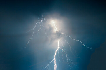 Fototapeta na wymiar lightnings and thunder bold strike at summer storm