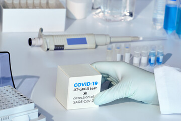 Fototapeta na wymiar Rapid test system for novel COVID-19 coronavirus. 2019 nCoV pcr diagnostics kit. The kit detects covid19 virus in patients samples. Тesting system for real-time PCR amplification.