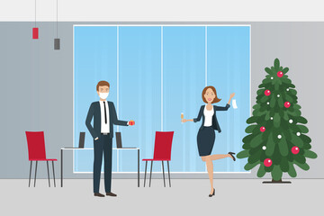Employees in medical masks celebrate New Year in office during pandemic. Vector illustration.