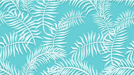 Fototapeta na wymiar Seamless palm leaves pattern. White leaves on light blue background