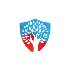 Tree people shield logo. Healthy people logo design. Human life logo icon of abstract people tree vector.	