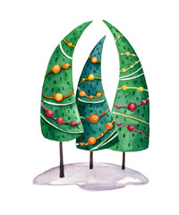 Three christmas tree decorated with colorful toys and garlands. Watercolor illustration isolated on white.