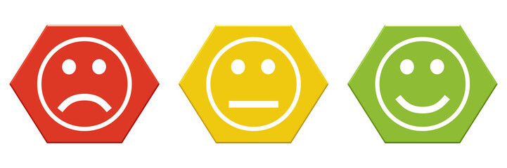 3 Sechsecke zeigen Feedback oder Bewertung in rot orange und grün