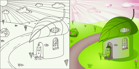 Fairy cucumber seed house end cartoon characters. The picture is made in color and using the outline without filling. Can be used as a coloring or picture for a children's puzzle, cover of 