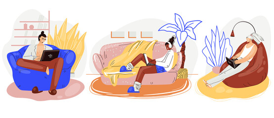 Freelance people work in comfortable cozy armchairs set vector flat illustration. Freelancer multiracial character working from home at relaxed pace. Man and woman self employed concept