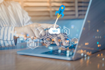 SEO Search Engine Optimization concept with laptop computer. ranking traffic on website