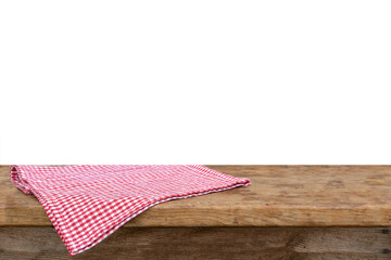checkered linen kitchen towel on a wooden table template with copy space