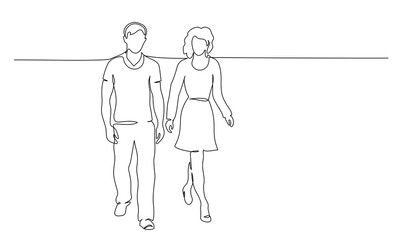 Continuous one line drawing. Walking couple man and woman.