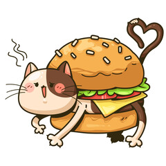 Vector cartoon illustration cute cat hamburger isolated on white background. Animal food cartoon character.