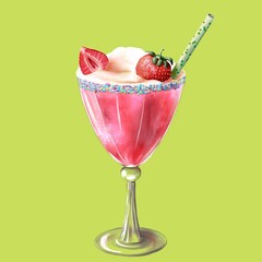 Strawberry milkshake on plain lime background. 