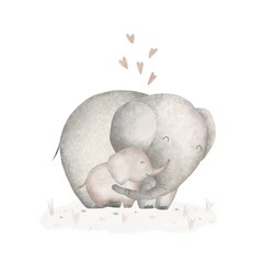 mom and baby elephant. Children's illustration on a white background. option poster for the nursery, postcard.