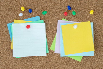 collection of colorful variety post. paper note pad reminder sticky notes pin paper on cork...