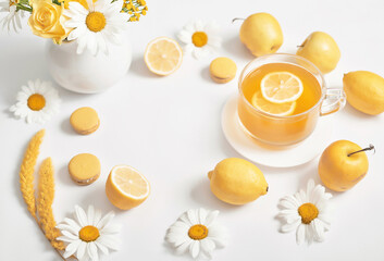 Spring and summer card. Daisies tea cup with lemon slice. Herbal tea with fresh flowers chamomile in mug. Vitamins, Healthy Diet. Concept of alternative medicine and immune boost. Cozy morning