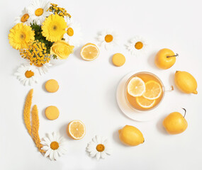 Spring and summer card. Daisies tea cup with lemon slice. Herbal tea with fresh flowers chamomile in mug. Vitamins, Healthy Diet. Concept of alternative medicine and immune boost. Cozy morning